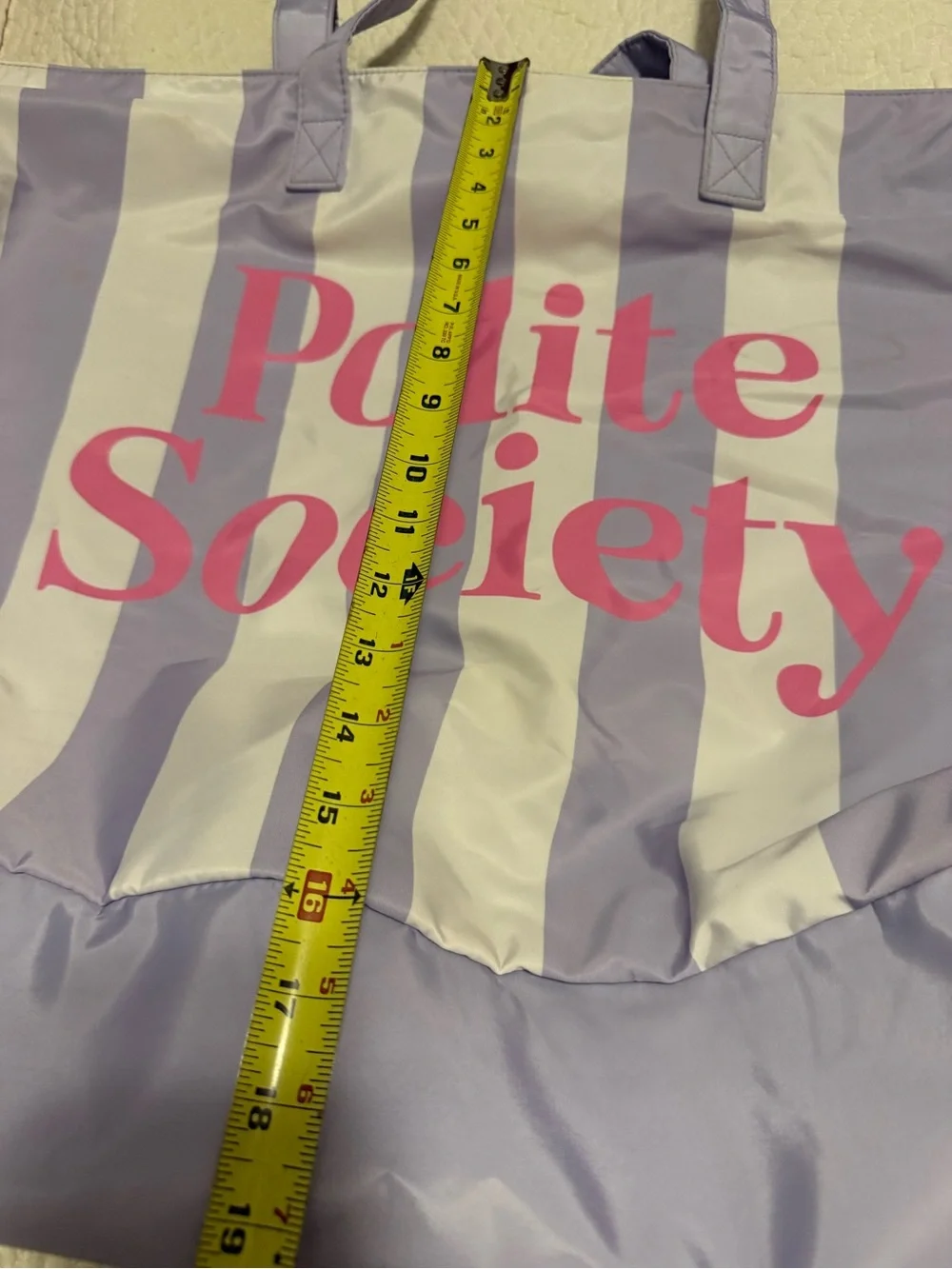Polite Society Lavender & White Striped Cabana Tote Bag with Pink Logo